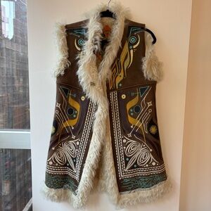 Vintage embroidered and hand painted lambs wool and fur shearling suede vest